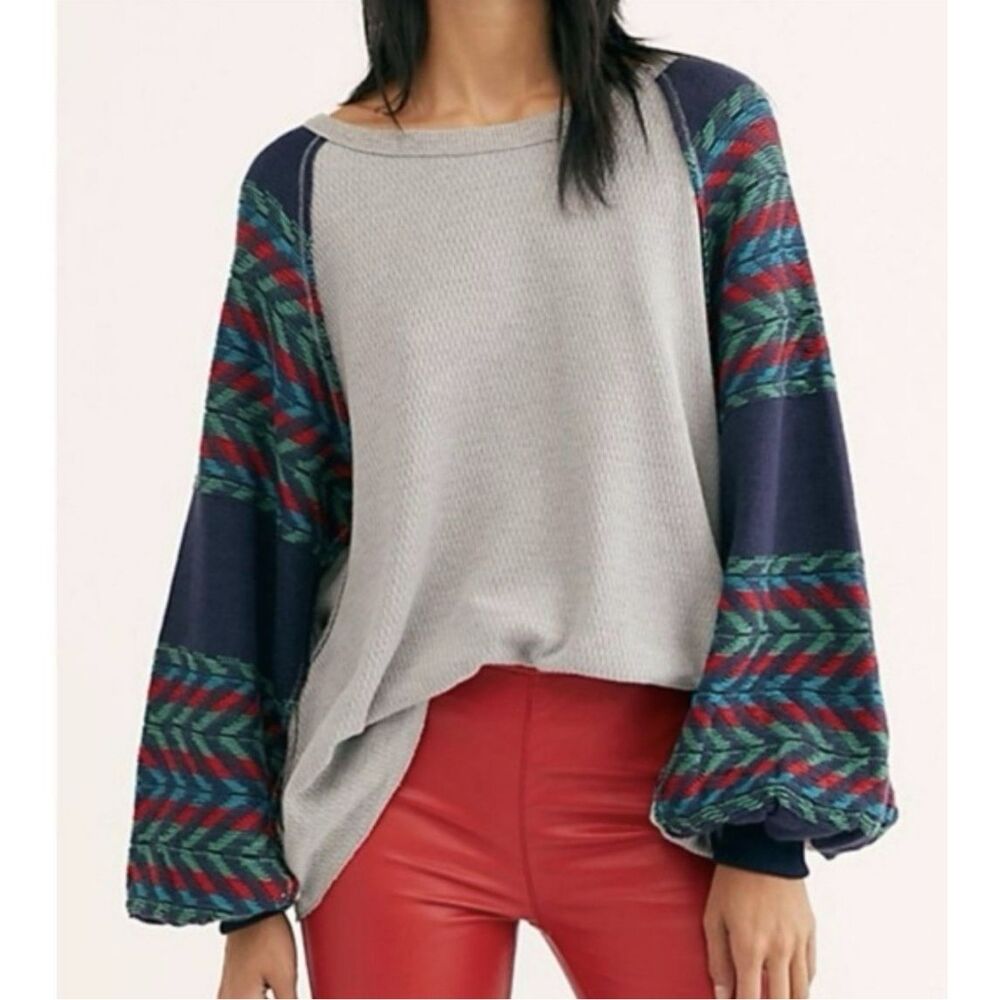 Free People We The Free Rainbow Dreams Waffle Knit Top Balloon Sleeve Size Mediu